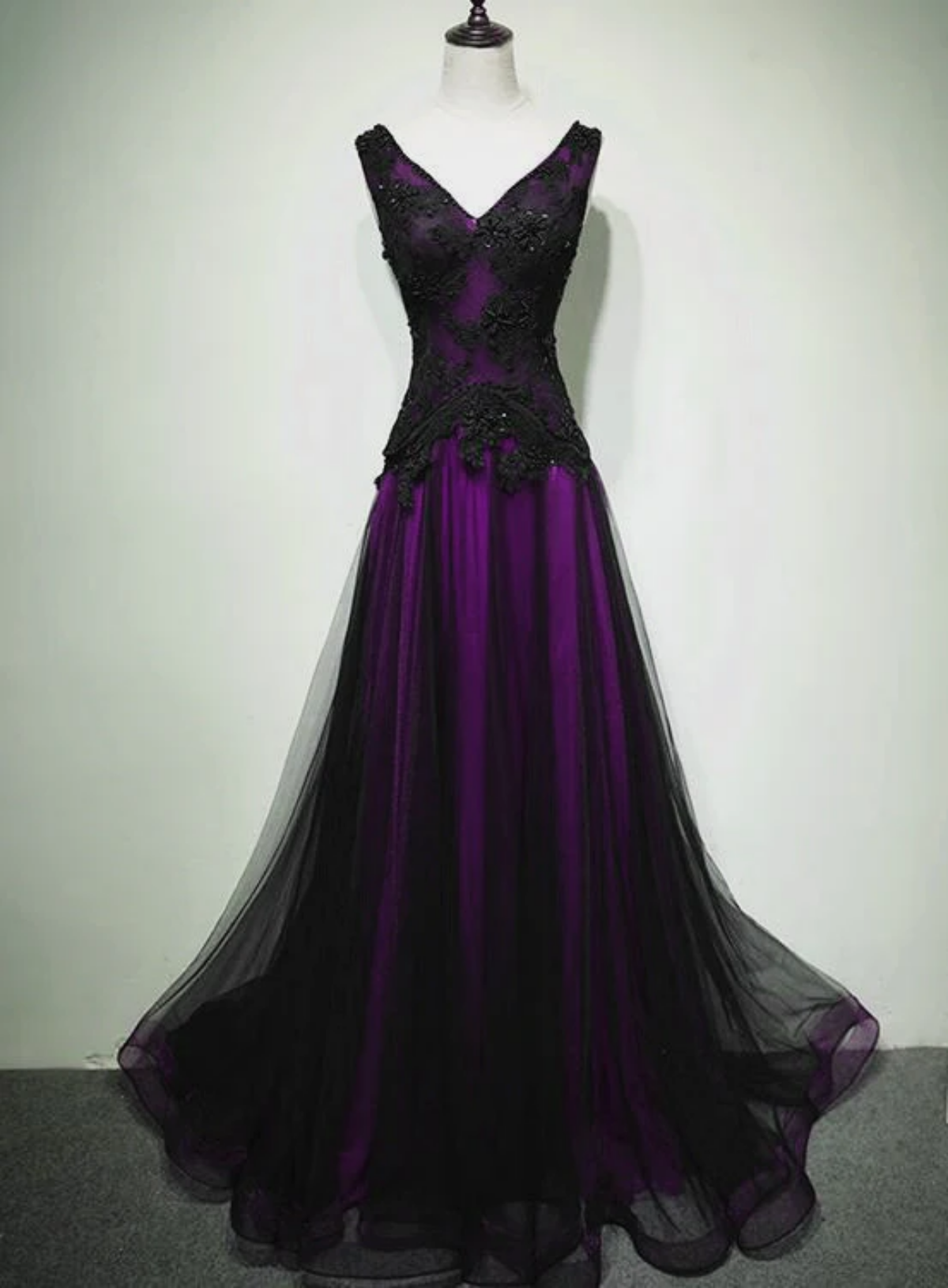 A-Line Black And Purple Tulle V-Neckline Beaded Prom Dress, Black Tulle Formal Dress Main image