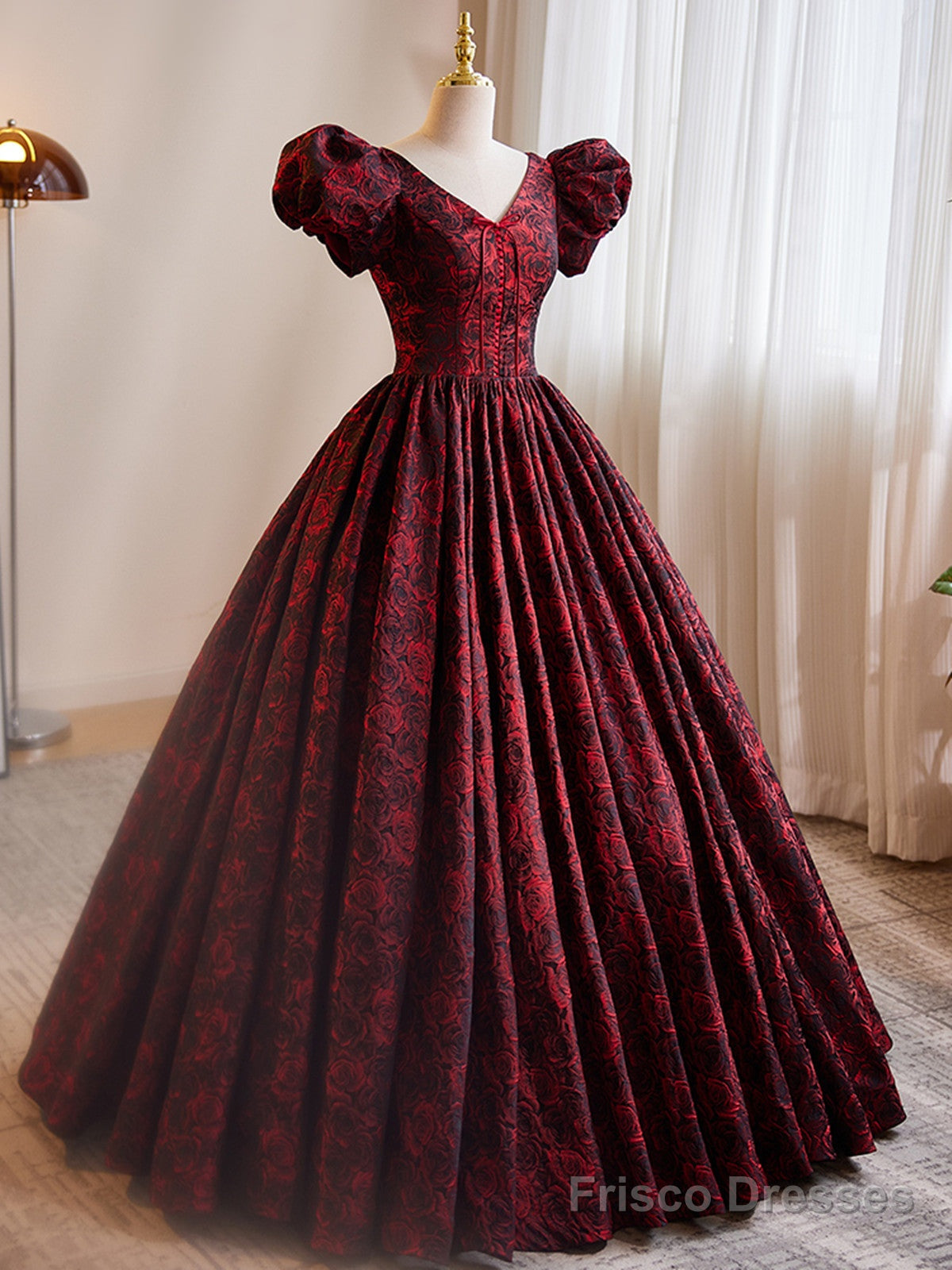 A-Line Black And Red Lace Short Sleeves Party Dress, Black And Red Long Formal Dress Secondary image