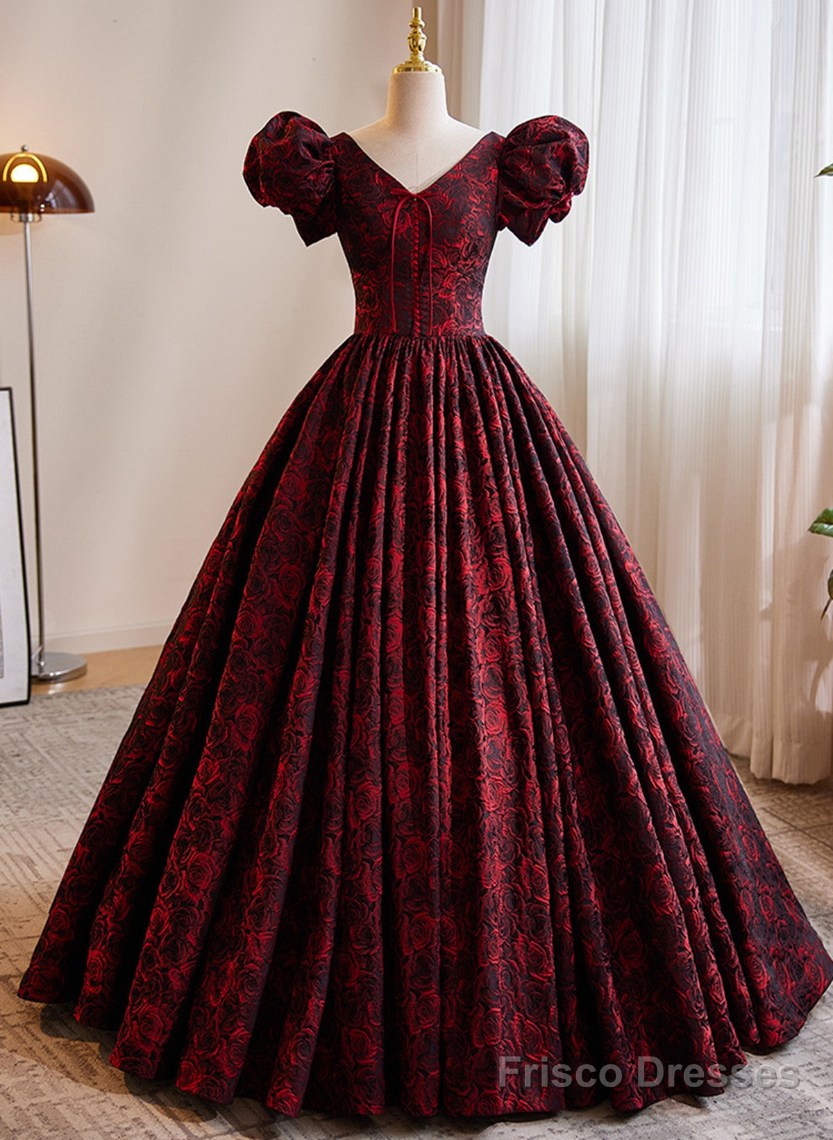 A-Line Black And Red Lace Short Sleeves Party Dress, Black And Red Long Formal Dress Main image