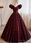 A-Line Black And Red Lace Short Sleeves Party Dress, Black And Red Long Formal Dress