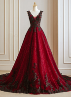 A-Line Black And Red Tulle With Lace Party Dress, Black And Red Formal Dress