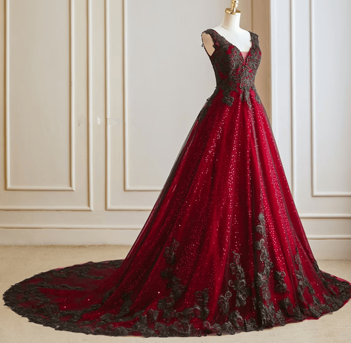 A-Line Black And Red Tulle With Lace Party Dress, Black And Red Formal Dress Secondary image