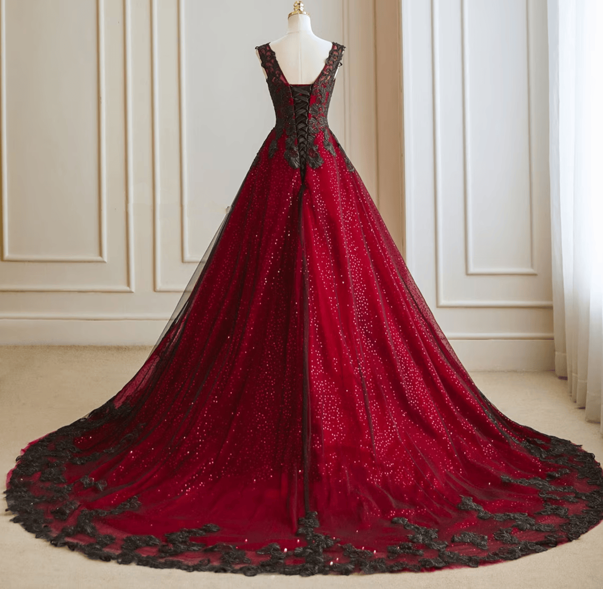 A-Line Black And Red Tulle With Lace Party Dress, Black And Red Formal Dress