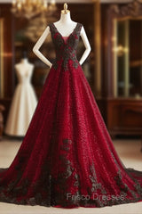 A-line Black and Red Tulle with Lace Party Dress, Black and Red Formal Dress