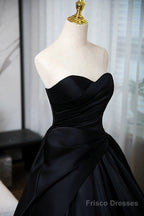 A-Line Black Floor Length Prom Dress, Black Strapless Formal Evening Dress