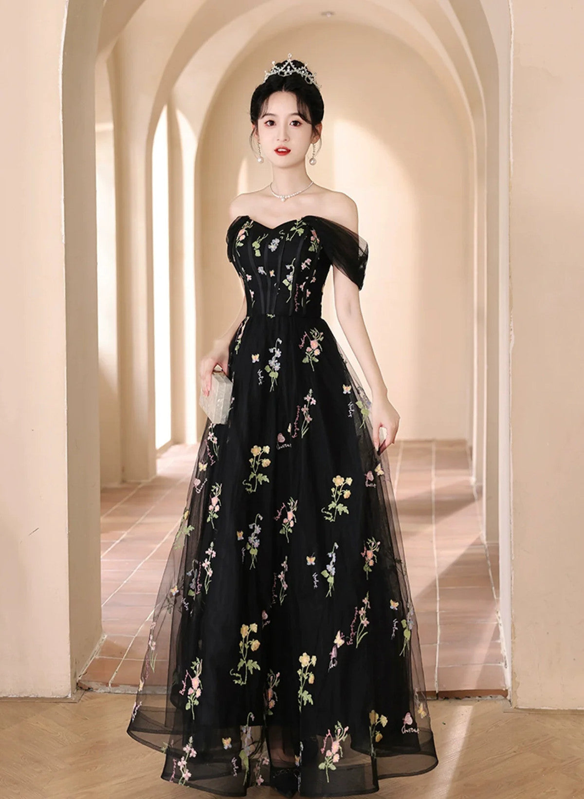 A-Line Black Floral Tulle Floor Length Prom Dress, Off The Shoulder Evening Party Dress Main image