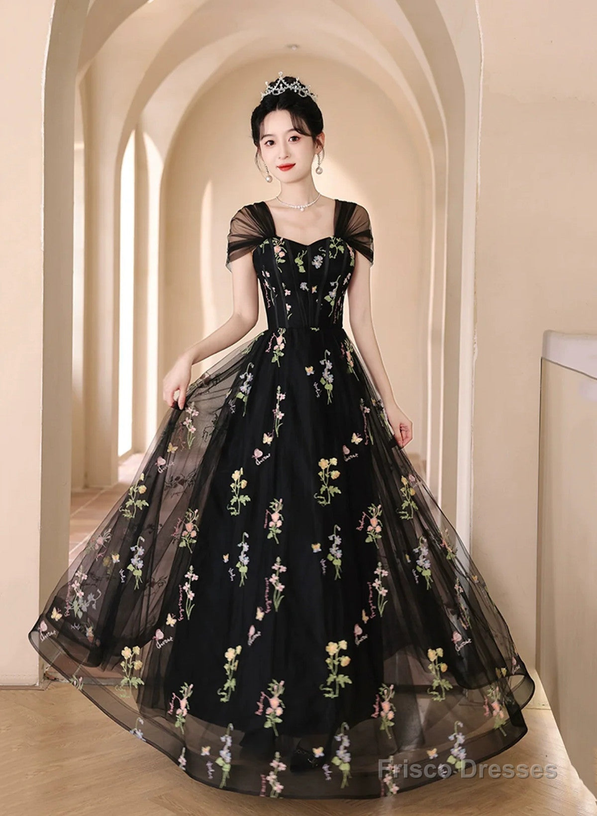 A-line Black Floral Tulle Floor Length Prom Dress, Off the Shoulder Evening Party Dress