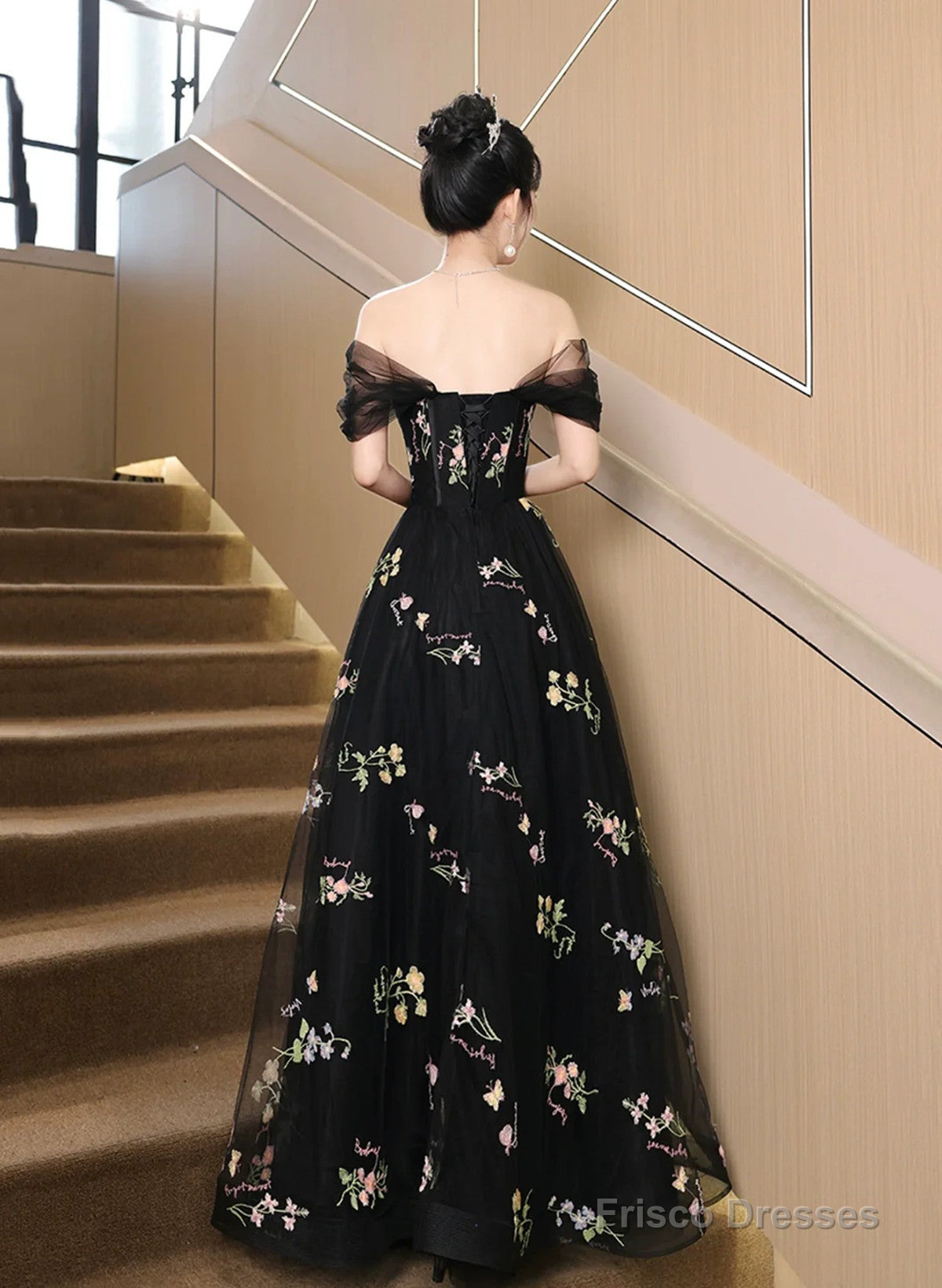A-line Black Floral Tulle Floor Length Prom Dress, Off the Shoulder Evening Party Dress