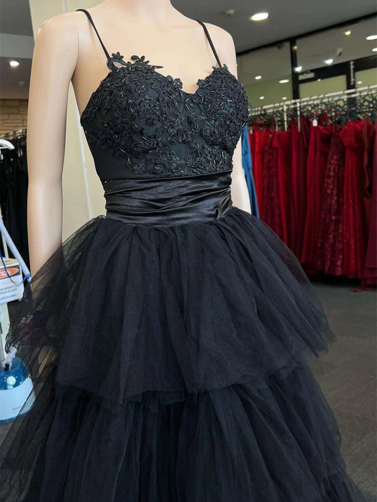 A-Line Black Layers Tulle With Lace Straps Party Dress, Black Tulle Prom Dress Secondary image