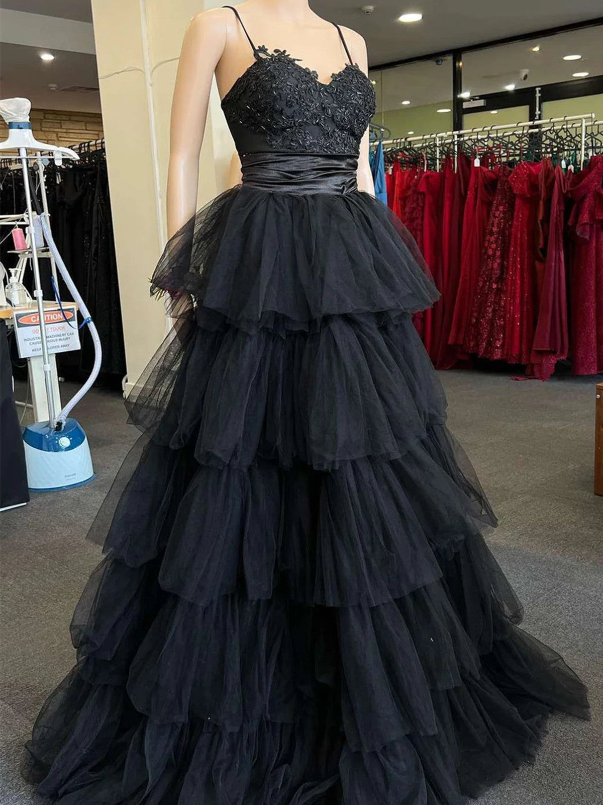 A-Line Black Layers Tulle With Lace Straps Party Dress, Black Tulle Prom Dress Main image