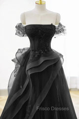 A-Line Black Off Shoulder Tulle With Lace Party Dress, Black Tulle Formal Prom Dress