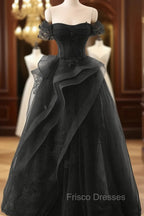 A-Line Black Off Shoulder Tulle With Lace Party Dress, Black Tulle Formal Prom Dress