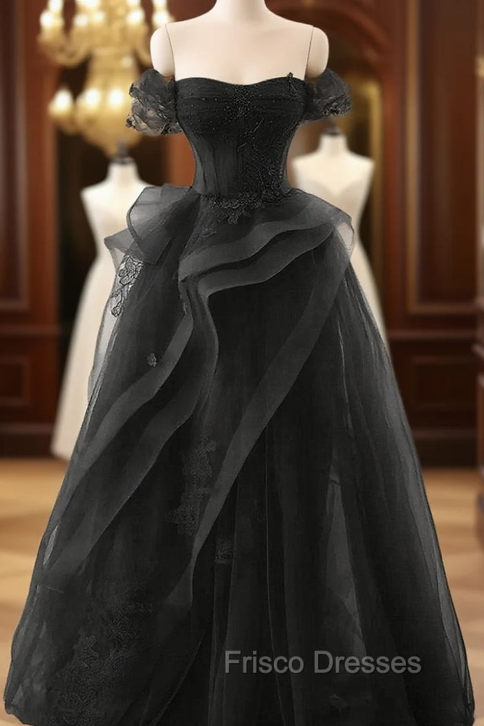 A-Line Black Off Shoulder Tulle With Lace Party Dress, Black Tulle Formal Prom Dress