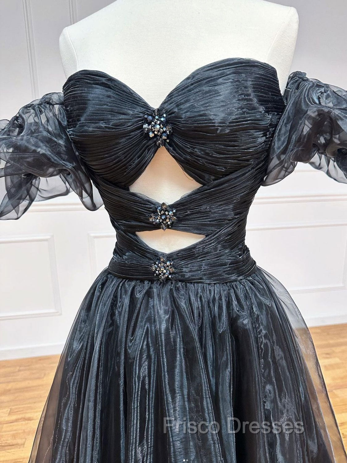 A-Line Black Organza Long Formal Prom Dress