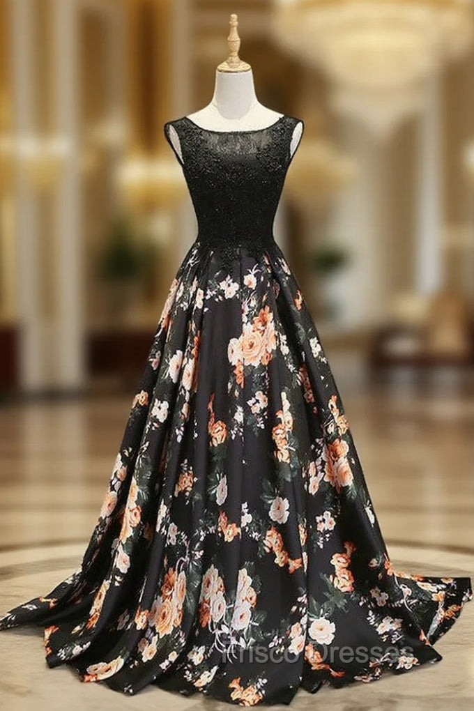 A-line Black Print Formal Prom Dress