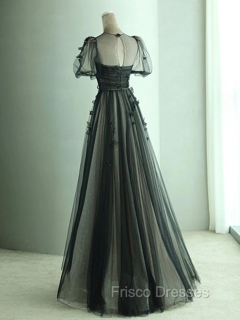 A-Line Black Puff Sleeves Tulle Long Formal Prom Dress, Black Formal Evening Dress