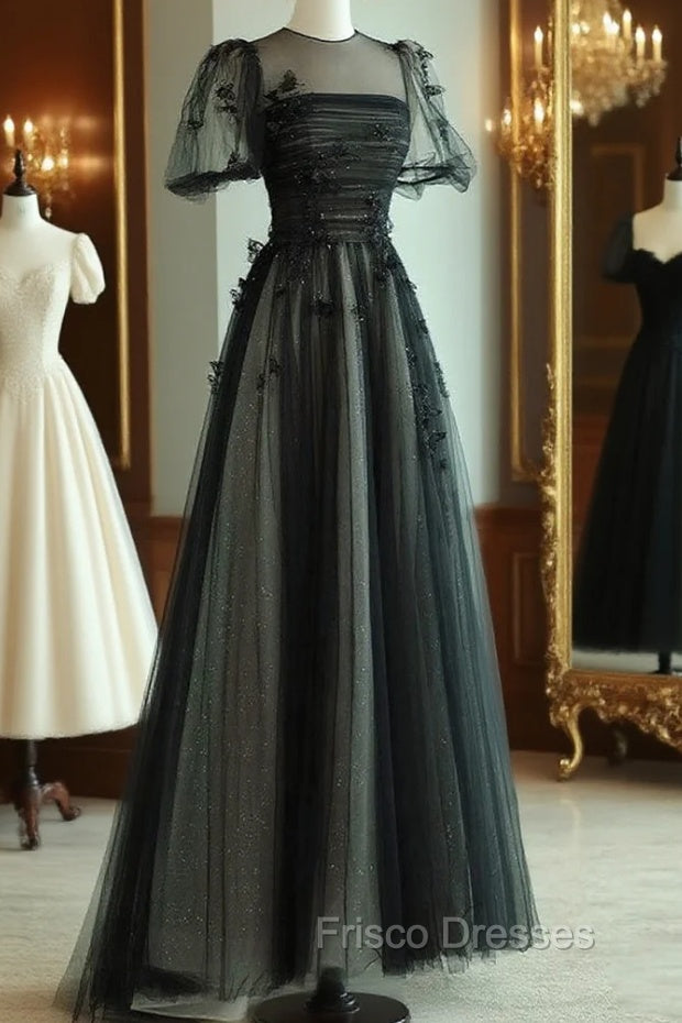 A-Line Black Puff Sleeves Tulle Long Formal Prom Dress, Black Formal Evening Dress Main image