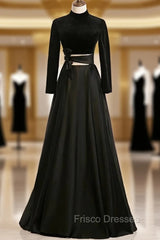A-Line Black Satin High Neck Long Sleeve Formal Prom Dress