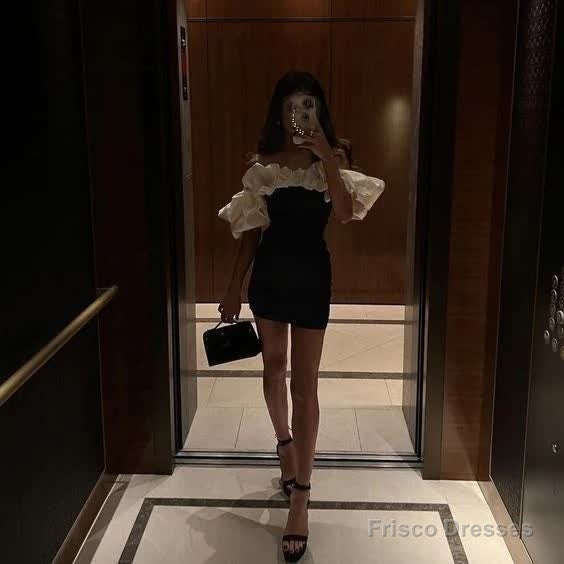 a-line black satin off the shoulder homecoming dress 18th birthday outfits Main image