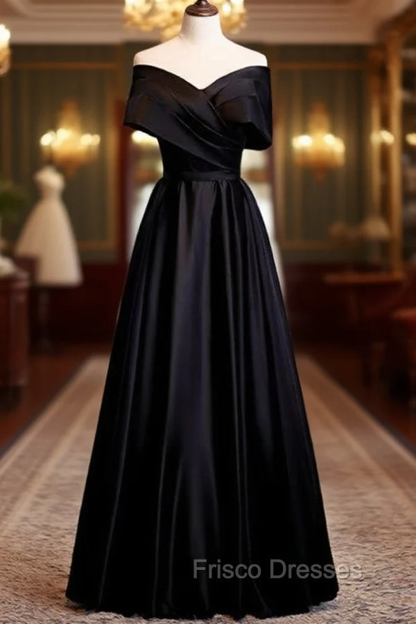 A-Line Black Satin Off the Shoulder Pleats Formal Prom Dress Main image