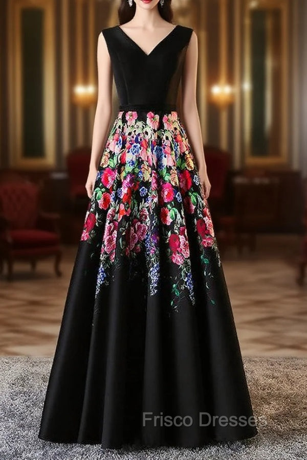 A-line Black Satin Print Formal Prom Dress