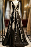 A-Line Black Satin See Through V-neck Appliques Formal Prom Dress