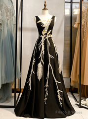 A-Line Black Satin See Through V-neck Appliques Prom Dress