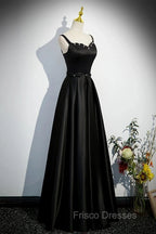 A-line Black Satin Straps Long Formal Dress, Black Simple Formal Prom Dress