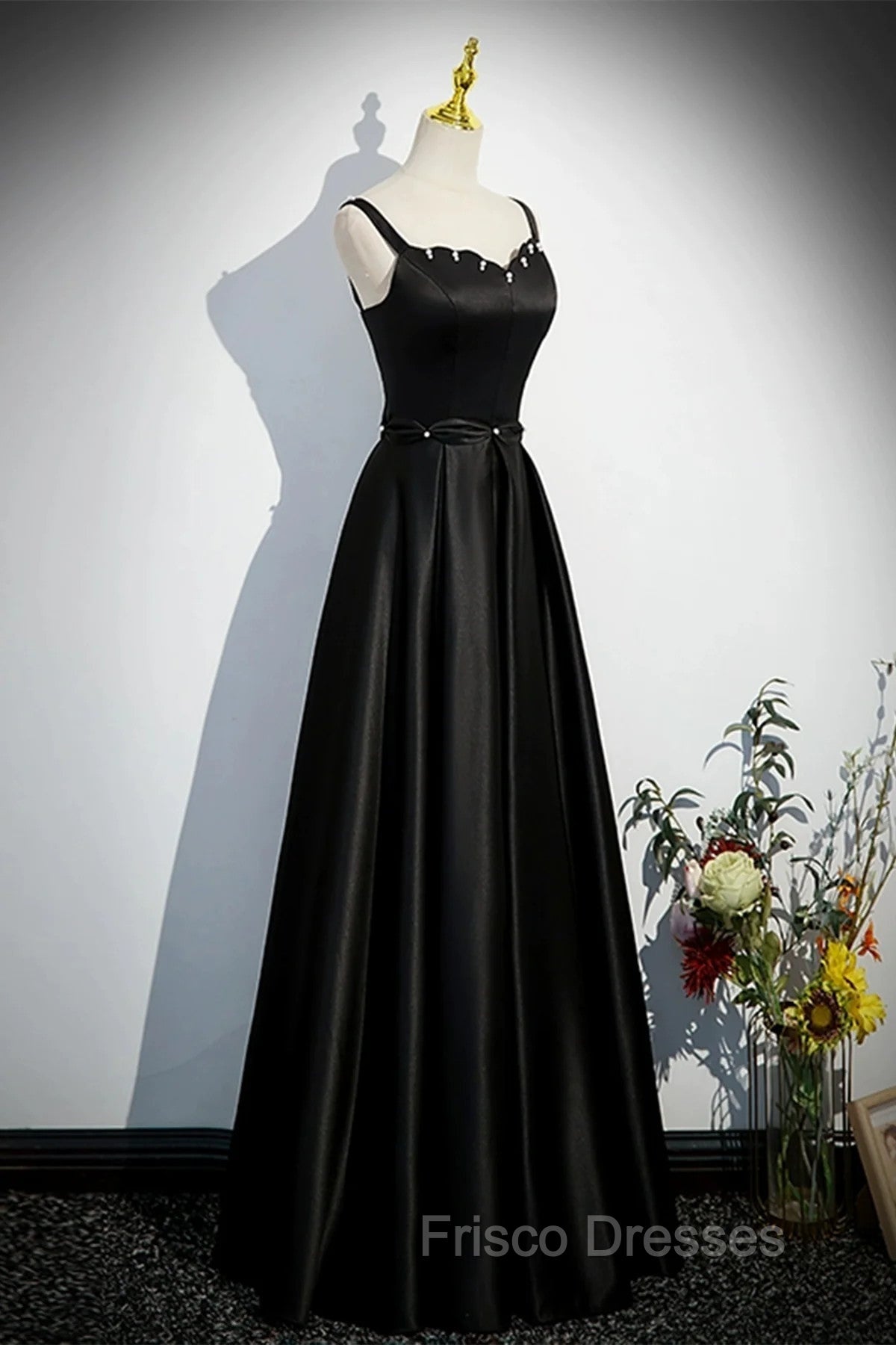 A-line Black Satin Straps Long Formal Dress, Black Simple Formal Prom Dress