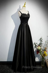 A-line Black Satin Straps Long Formal Dress, Black Simple Formal Prom Dress