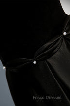 A-line Black Satin Straps Long Formal Dress, Black Simple Formal Prom Dress