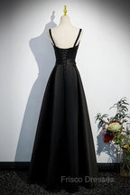A-line Black Satin Straps Long Formal Dress, Black Simple Formal Prom Dress