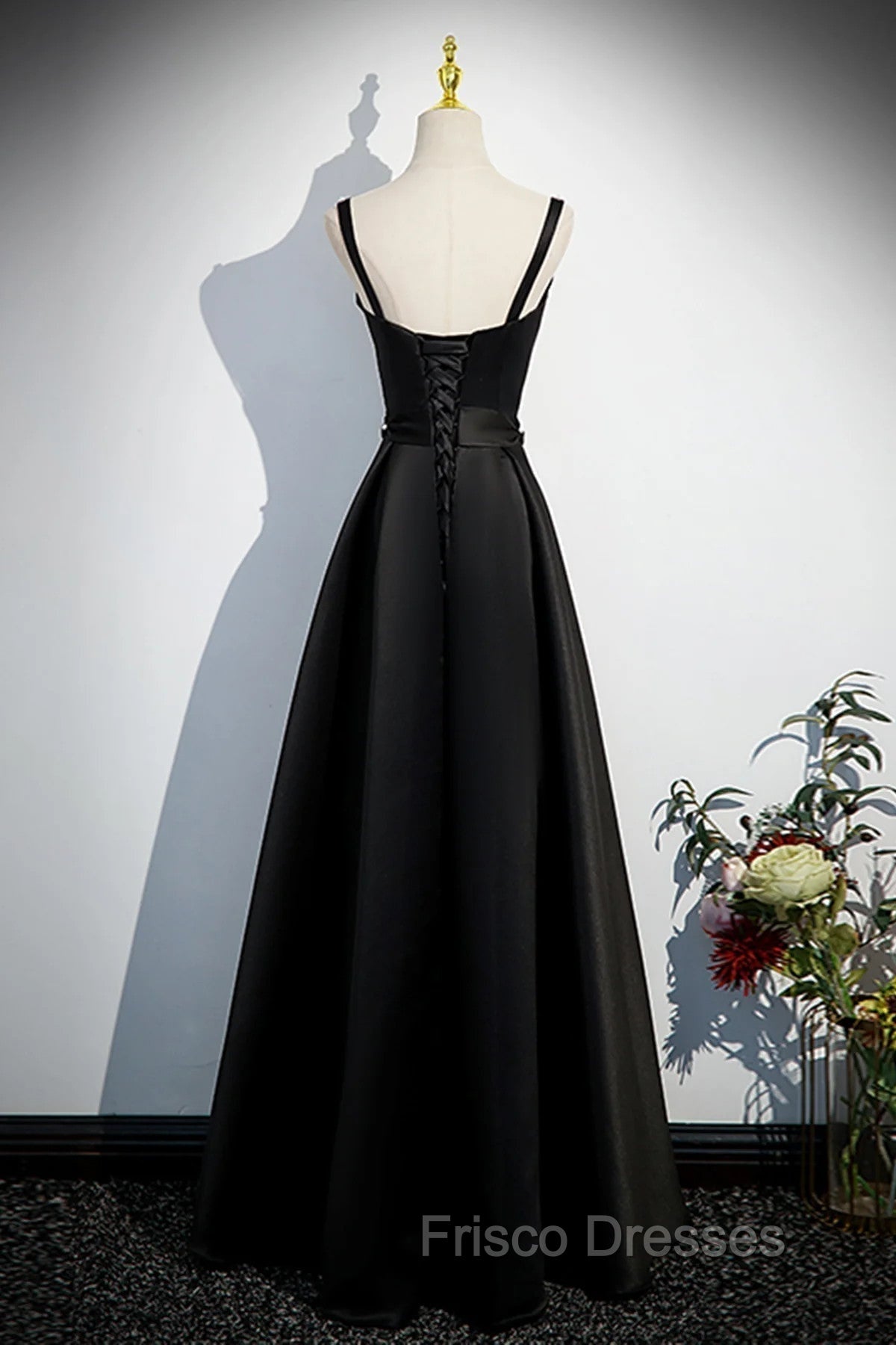 A-line Black Satin Straps Long Formal Dress, Black Simple Formal Prom Dress