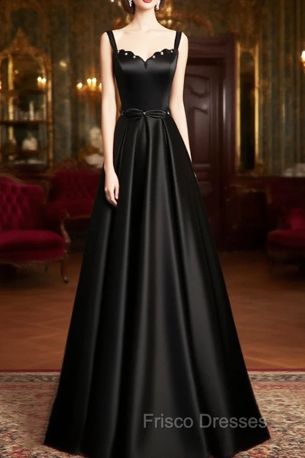 A-line Black Satin Straps Long Formal Dress, Black Simple Formal Prom Dress Main image