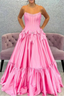 A-Line Black Scoop Neck Satin Long Prom Dresses With Bow Knots