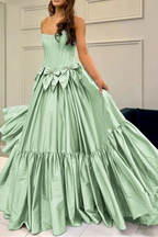 A-Line Black Scoop Neck Satin Long Prom Dresses With Bow Knots