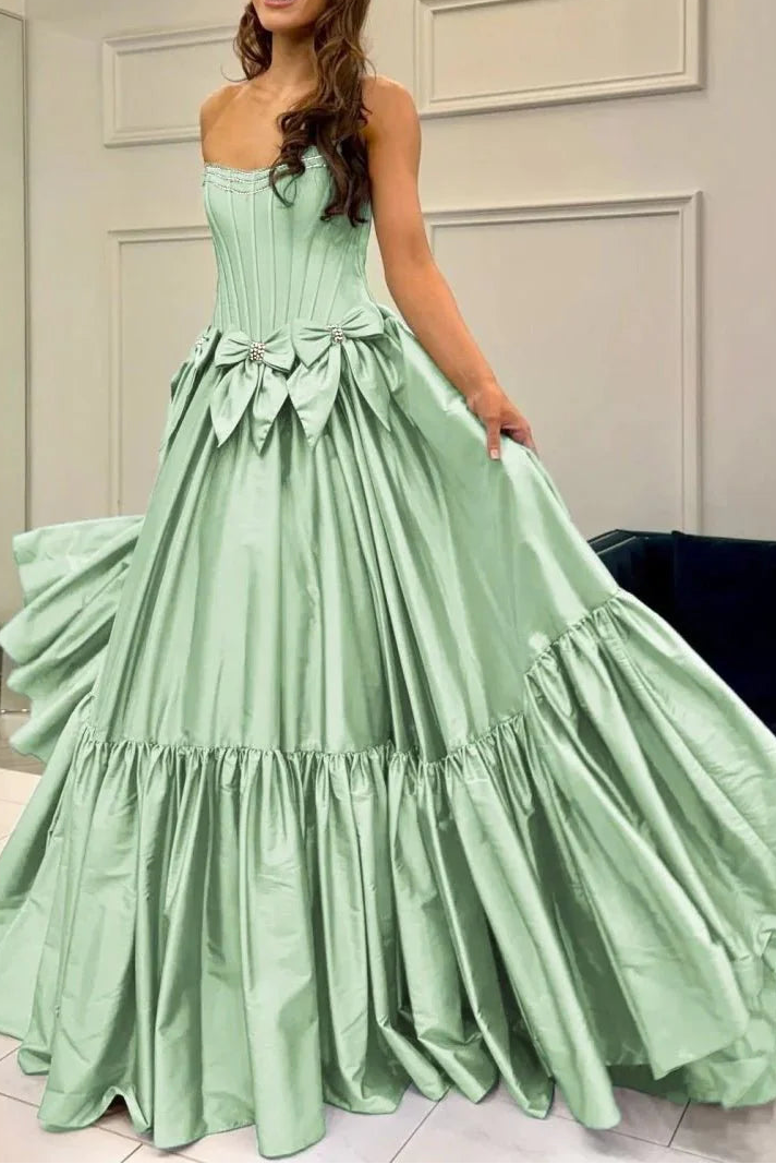 A-Line Black Scoop Neck Satin Long Prom Dresses With Bow Knots