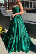 A-Line Black Scoop Neck Satin Long Prom Dresses With Bow Knots