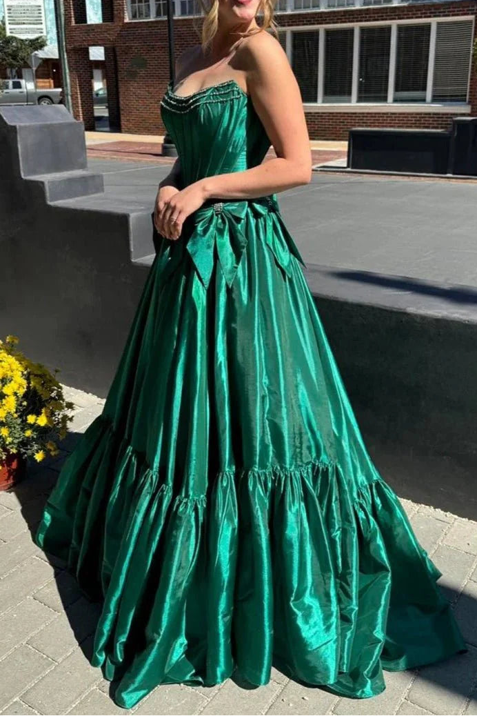 A-Line Black Scoop Neck Satin Long Prom Dresses With Bow Knots