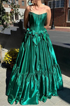 A-Line Black Scoop Neck Satin Long Prom Dresses With Bow Knots