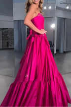 A-Line Black Scoop Neck Satin Long Prom Dresses With Bow Knots