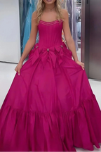 A-Line Black Scoop Neck Satin Long Prom Dresses With Bow Knots