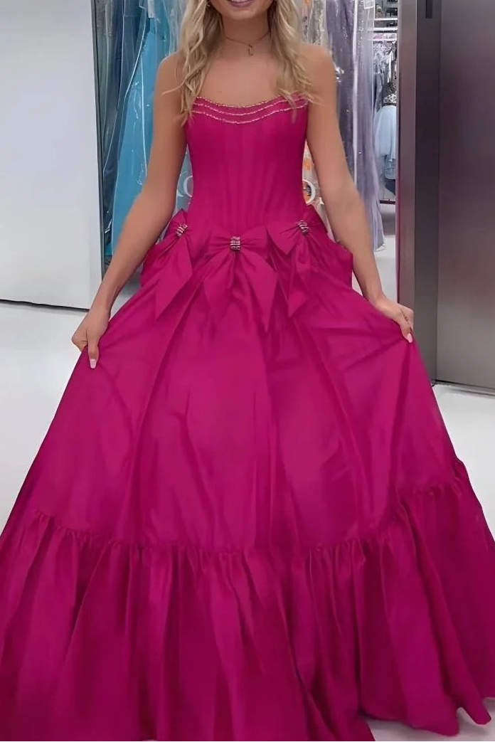 A-Line Black Scoop Neck Satin Long Prom Dresses With Bow Knots