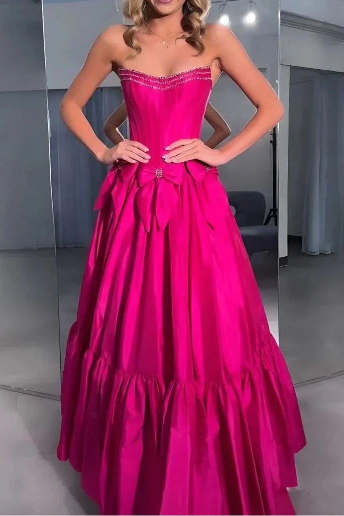 A-Line Black Scoop Neck Satin Long Prom Dresses With Bow Knots