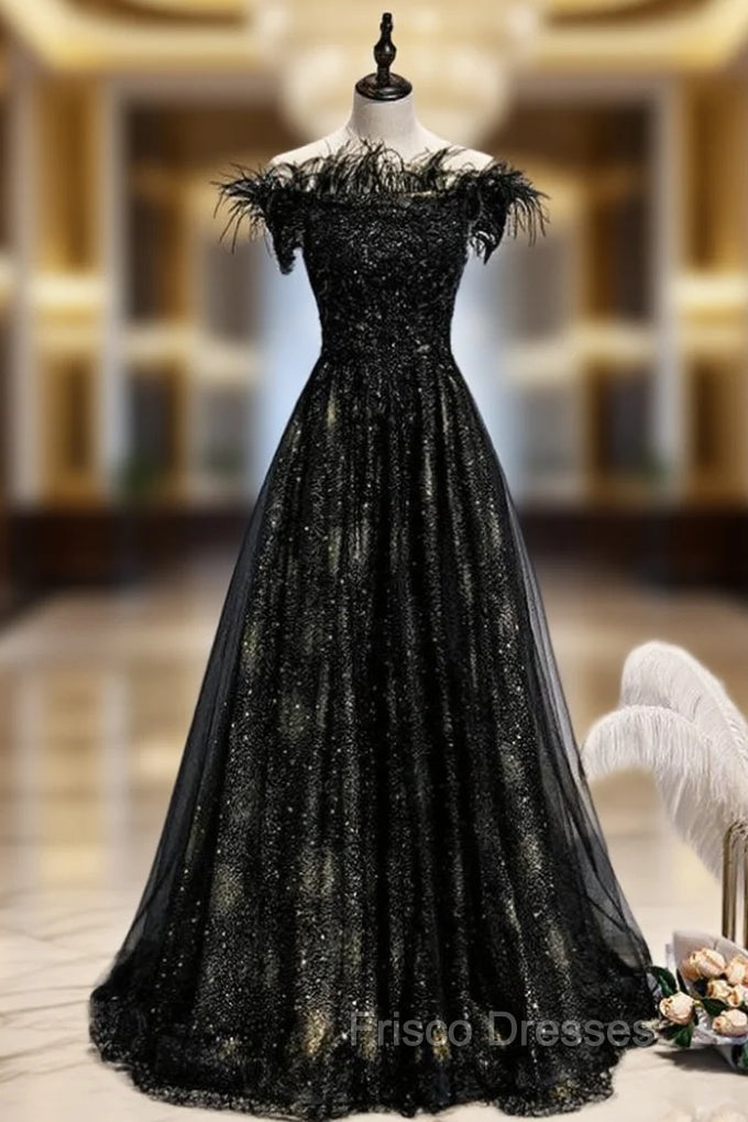 A-Line Black Sequins Off the Shoulder Feather Formal Prom Dress