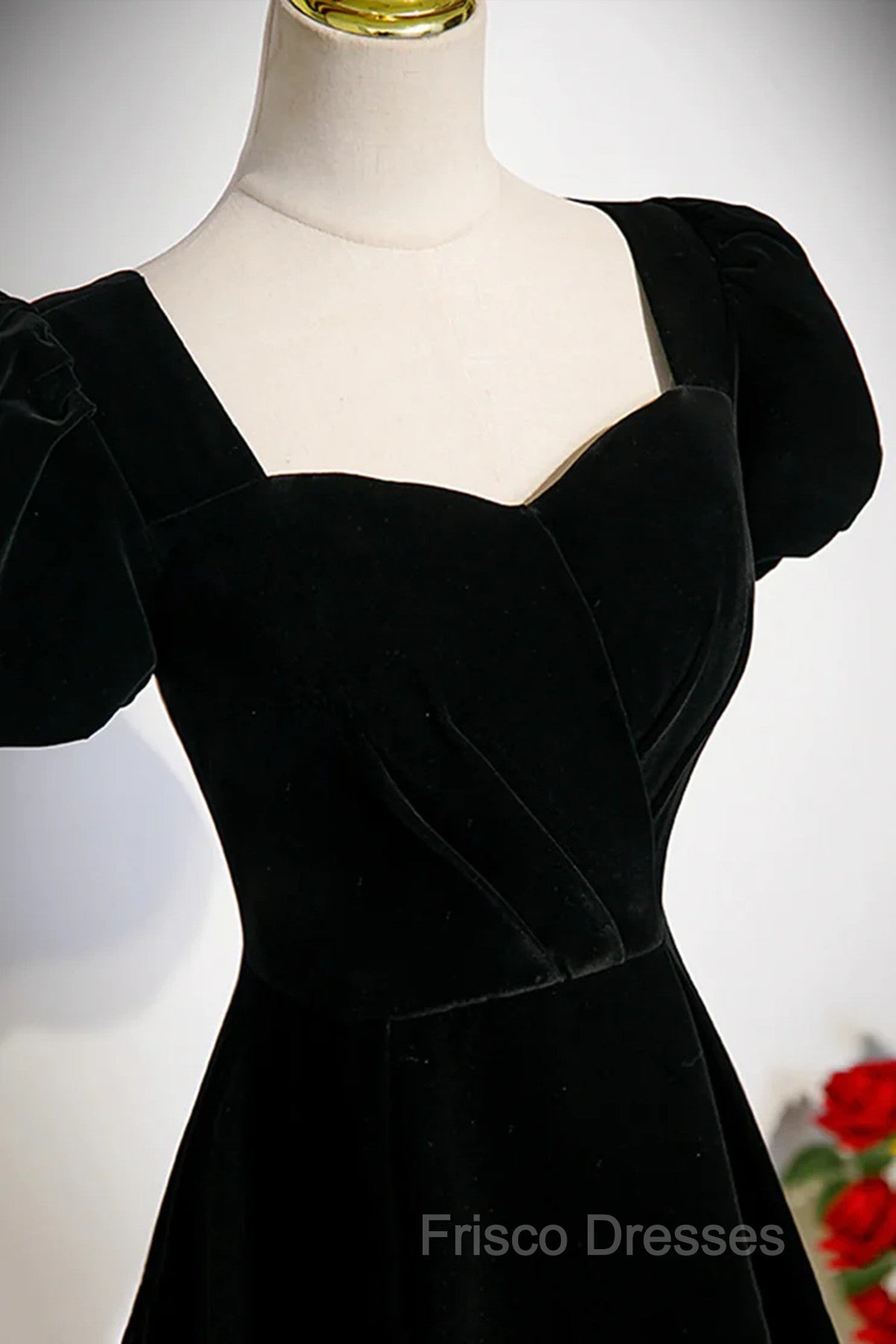 A-line Black Short Sleeves Velvet Long Party Dress, Black Simple Bridesmaid Dress Secondary image