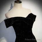 A-Line Black Sweetheart Off Shoulder Long Velvet Prom Dress, Black Evening Dress