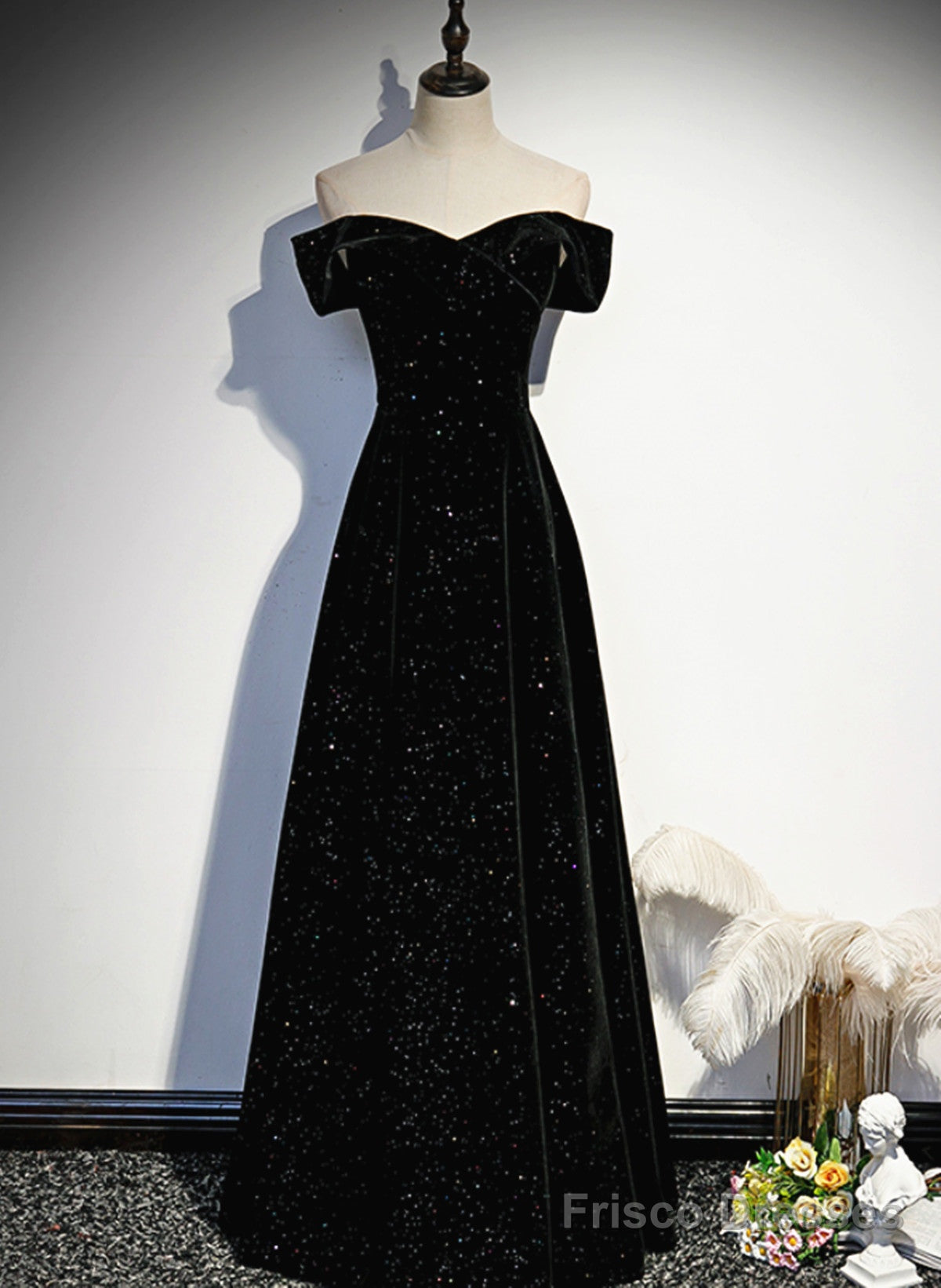 A-Line Black Sweetheart Off Shoulder Long Velvet Prom Dress, Black Evening Dress Main image