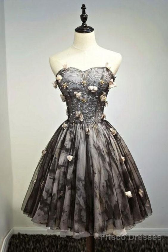A Line Black Sweetheart Strapless With Flowers Tulle Short School Dress,Homecoming Dress