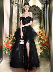 A-Line Black Tulle And Sequins Long Prom Dress With Leg Slit, Black Formal Dress
